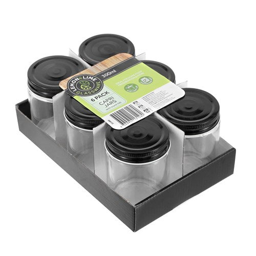 GLASS JARS CAPRI 300ML 6PK BLACK LID