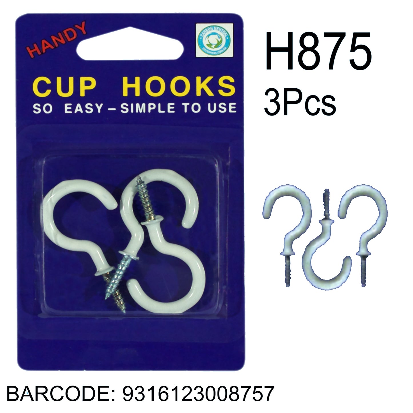 CUP HOOKS 3PC LGE PLASTIC COATED