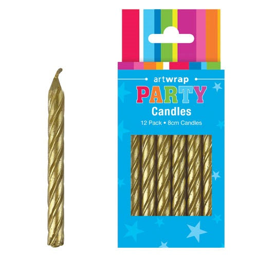 CANDLE 12PK 8CM SPIRALS GOLD