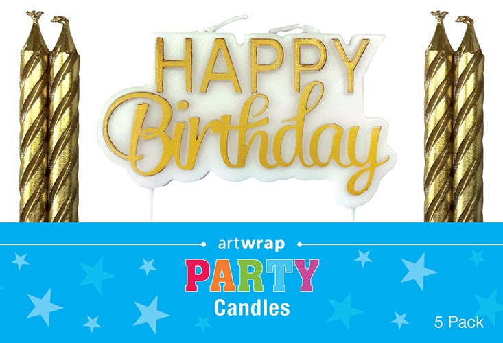 CANDLES HAPPY B'DAY GOLD 5PC