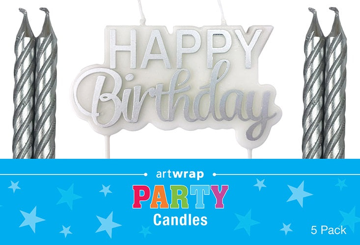 CANDLES HAPPY B'DAY SILVER 5PC