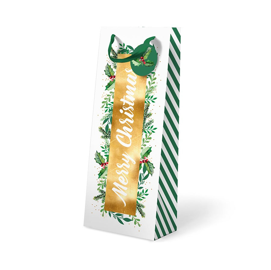 XMAS GIFT BAG BOTTLE TEXT FOLIAGE