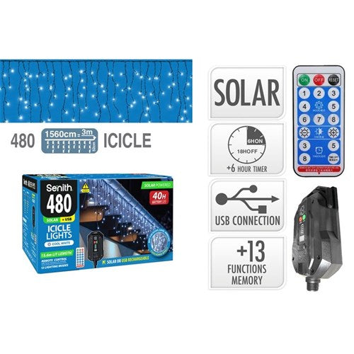 SOLAR ICICLE LIGHTS 480LED WHITE