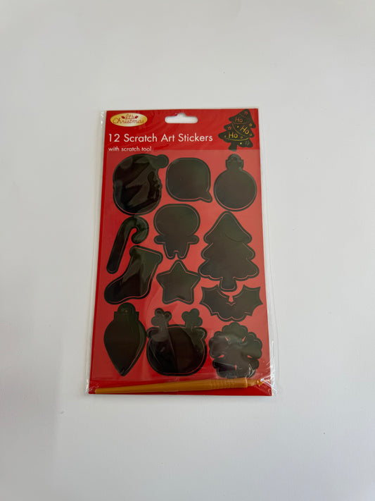 XMAS SCRATCH ART STICKERS W/TOOK 12PK