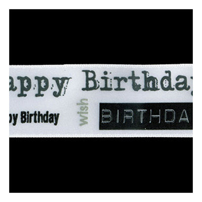 RIBBON SATIN 25MM HAPPY B'DAY BLACK
