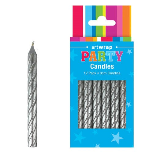 CANDLE 12PK 8CM SPIRALS SILVER