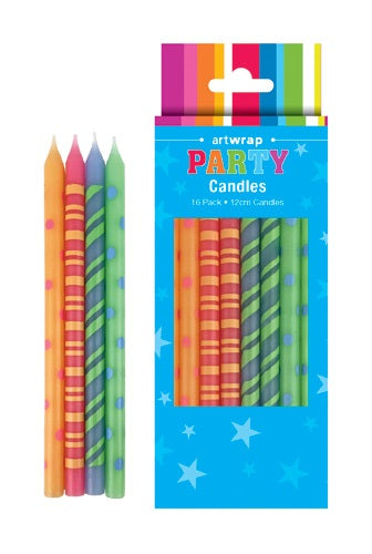 CANDLE 16PK 12CM PRINTED BRIGHT