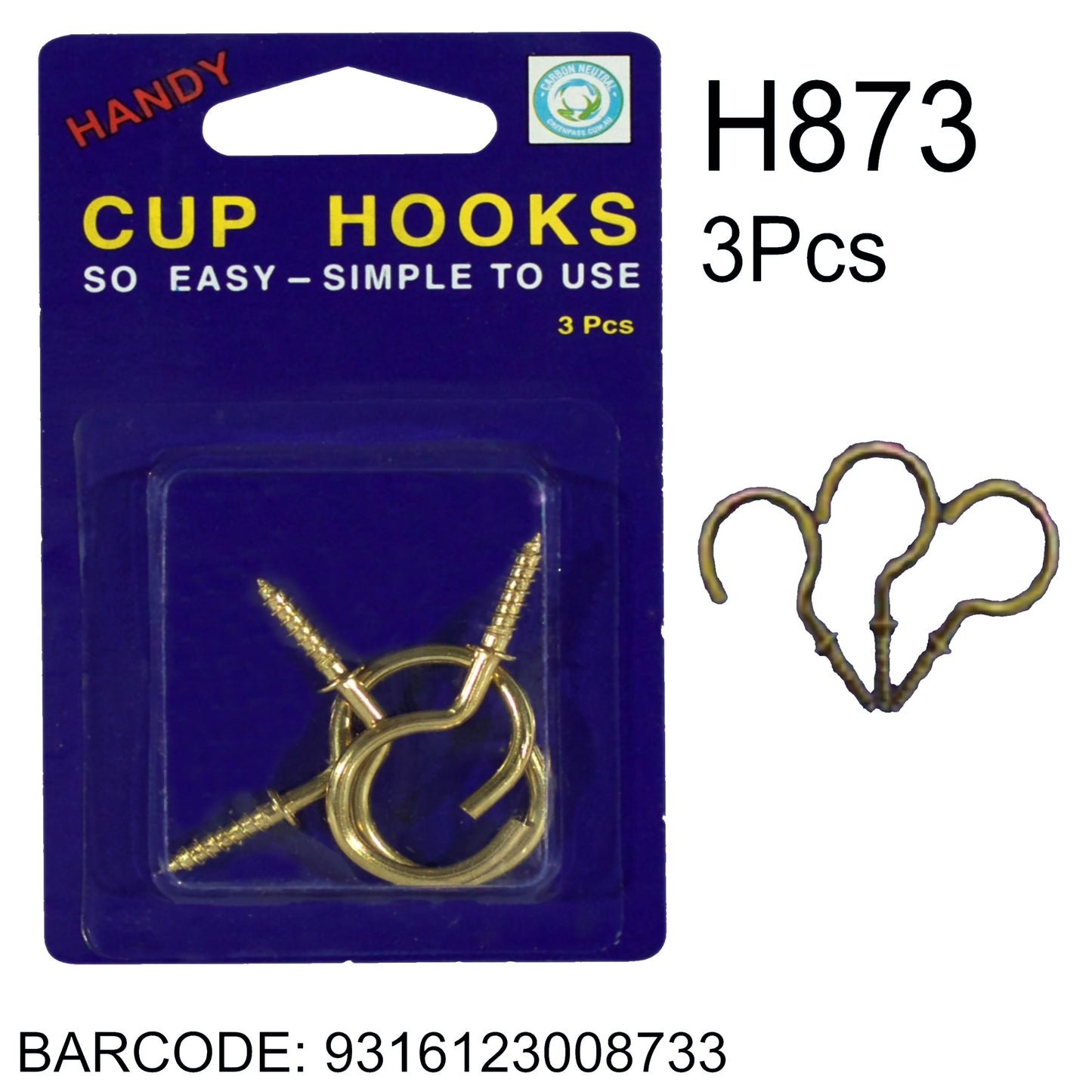 CUP HOOKS 3PC LGE BRASS