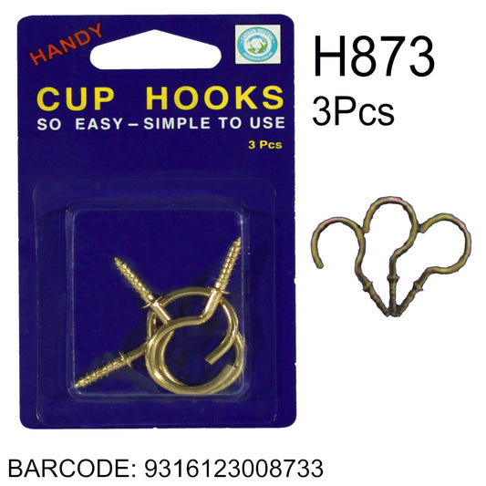 CUP HOOKS 3PC LGE BRASS