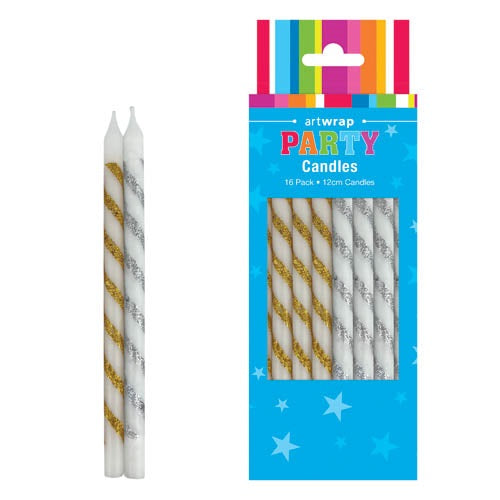 CANDLE 16PK 12CM GLITTER SILVER GOLD