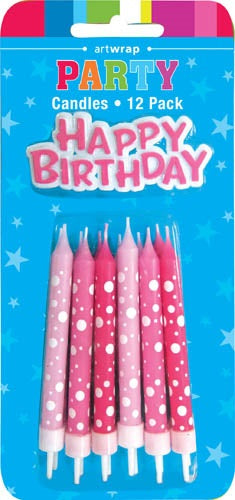 CANDLE 12PK 8CM W/PLAQUE PINKS