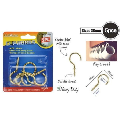 CUP HOOKS BRASS 5PC 38MM
