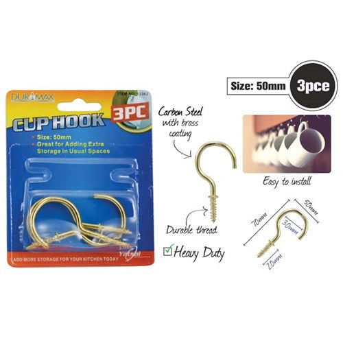 CUP HOOKS BRASS 3PC 50MM