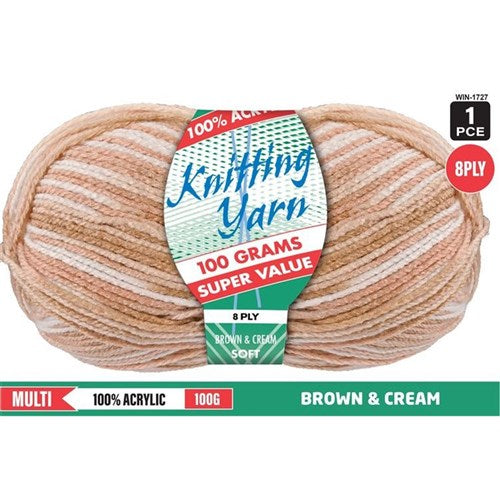 KNITTING YARN 8PLY 100G BROWN/CREAM