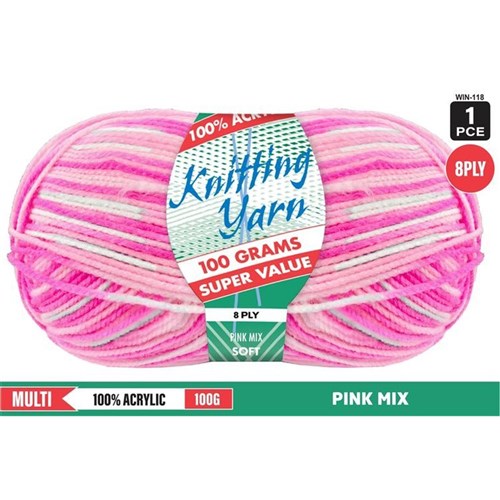 KNITTING YARN 8PLY 100G PINK MIX