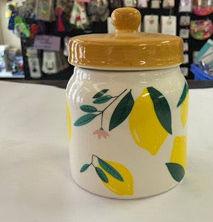 CANISTER CERAMIC JAR W/LID GREEN/YELLOW