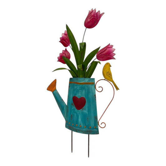 FLOWERS IN BLUE WATERING CAN STAKE