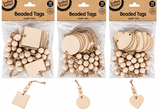 TAGS WOODEN W/BEADS 10PC