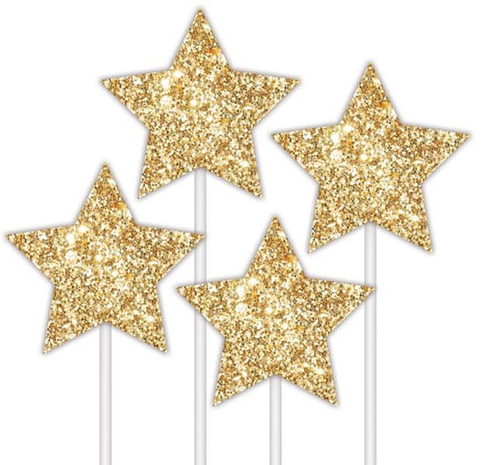 CAKE TOPPER 4PK GLITTER STARS GOLD