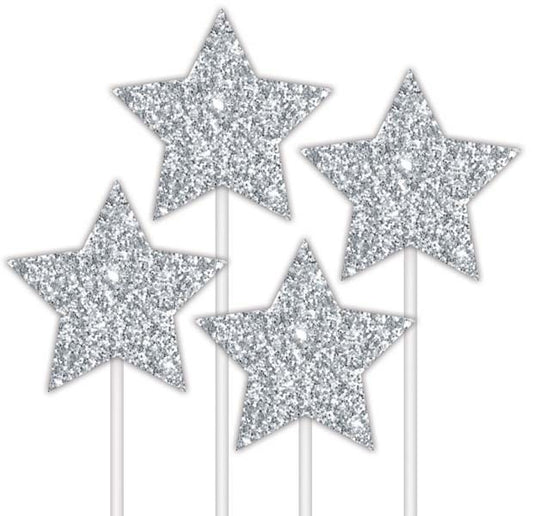 CAKE TOPPER 4PK GLITTER STARS SILVER