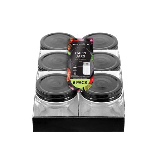 GLASS JAR CAPRI 200ML 6PK BLACK LID
