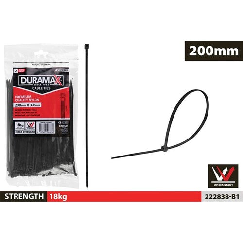 CABLE TIES 200MM X 3.6MM BLACK 200PC