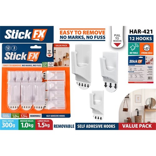 HOOKS ADHESIVE REMOVABLE 12PC ASST