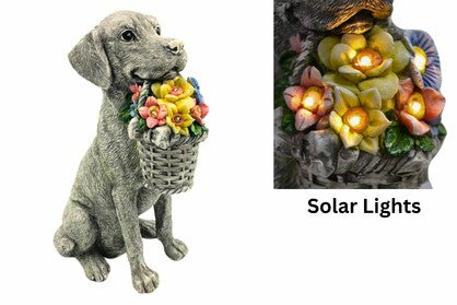 DOG RESIN & FLOWER BASKET W/SOLAR 29CM