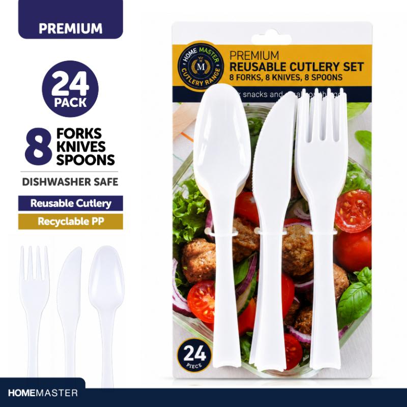 CUTLERY PLASTIC REUSABLE 24PK 18CM WHT