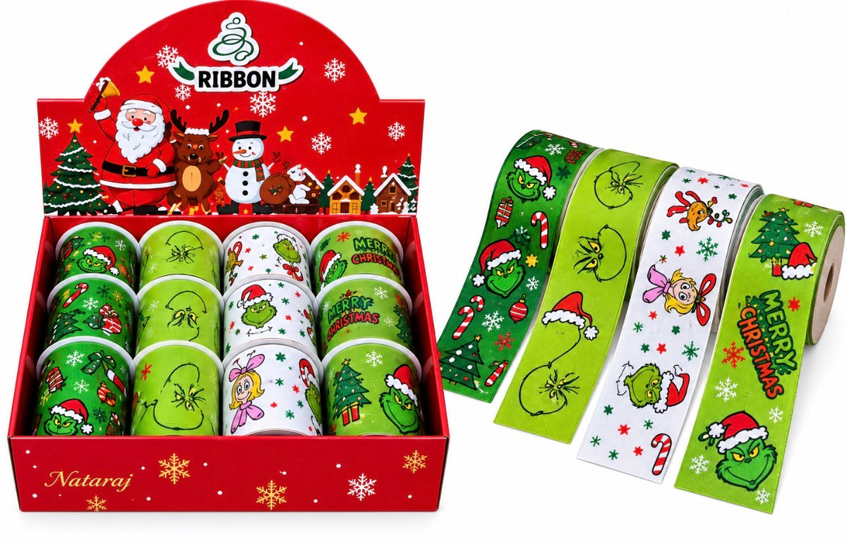 XMAS RIBBON GRUMPY GREEN 6.3CM X 2.74M