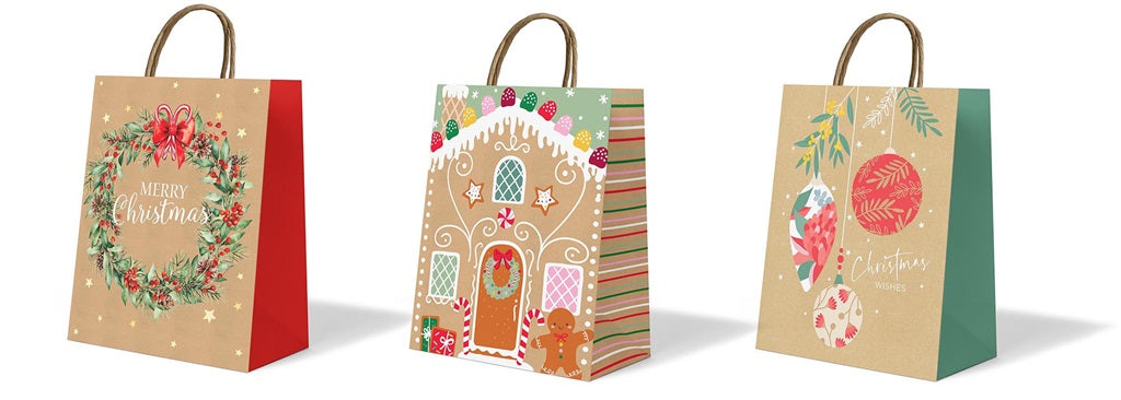 XMAS GIFT BAG KRAFT MED 3PK