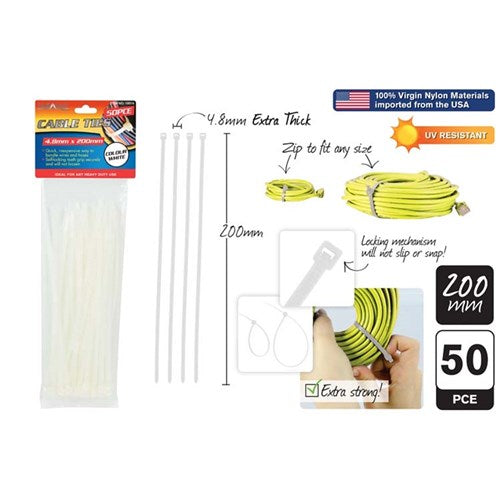 CABLE TIES 50PC WHITE 200MM