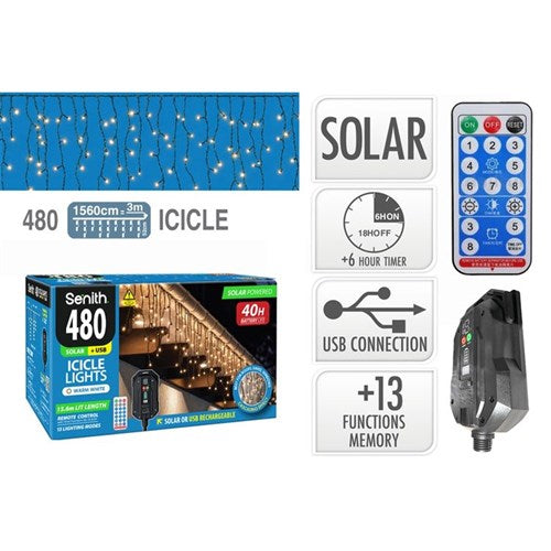SOLAR ICICLE LIGHTS 480LED WARM WHITE