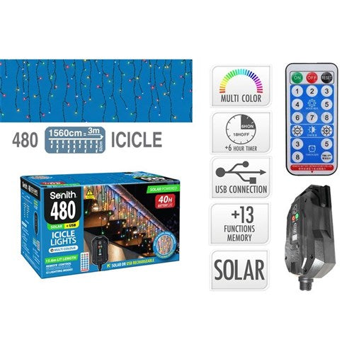 SOLAR ICICLE LIGHTS 480LED MULTI