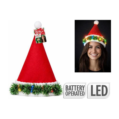 SANTA HAT W/LIGHT UP TINSEL 4LED